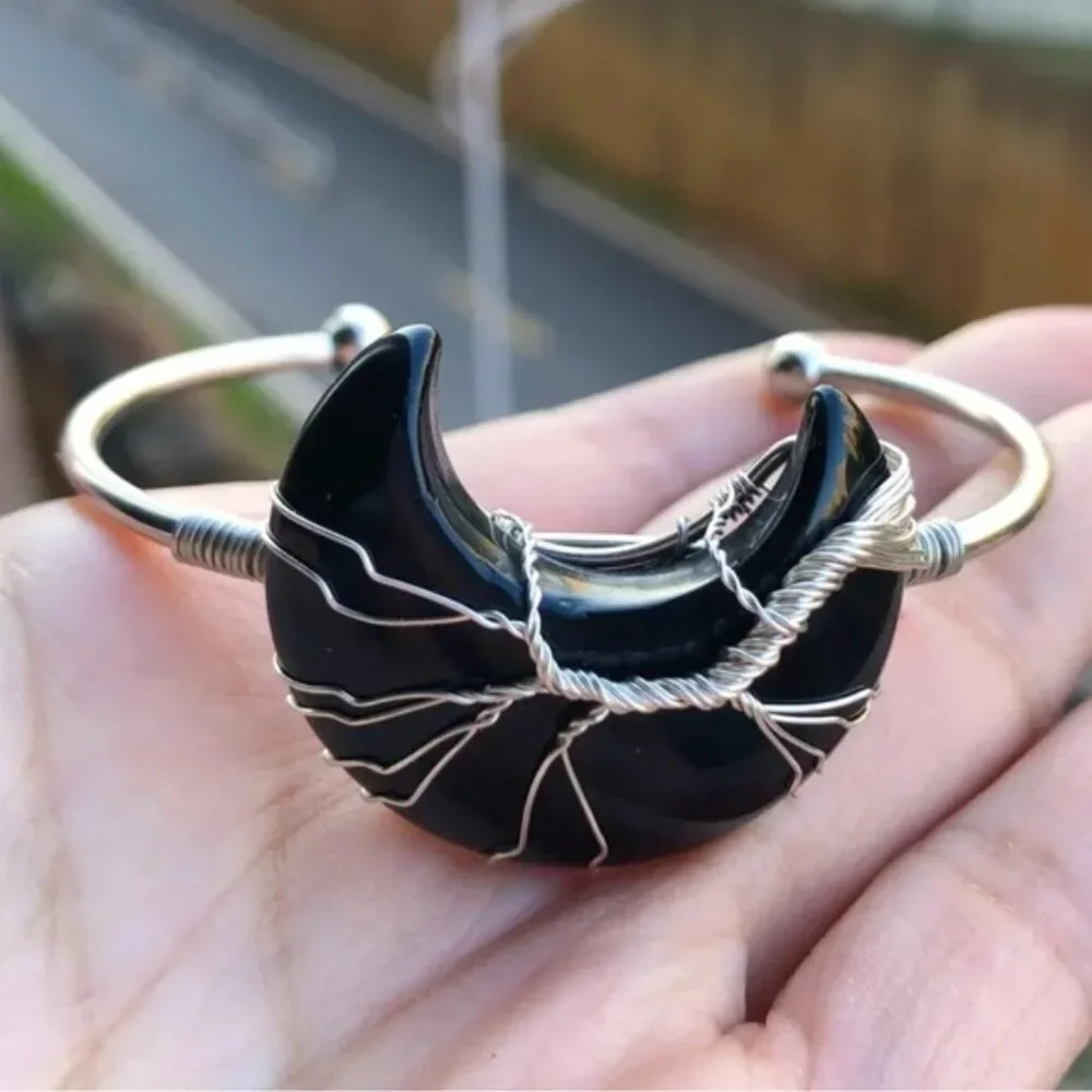 Obsidian GemsStone Moon Bangle Bracelet Healing Balancing Jewelry - Picture 1 of 1